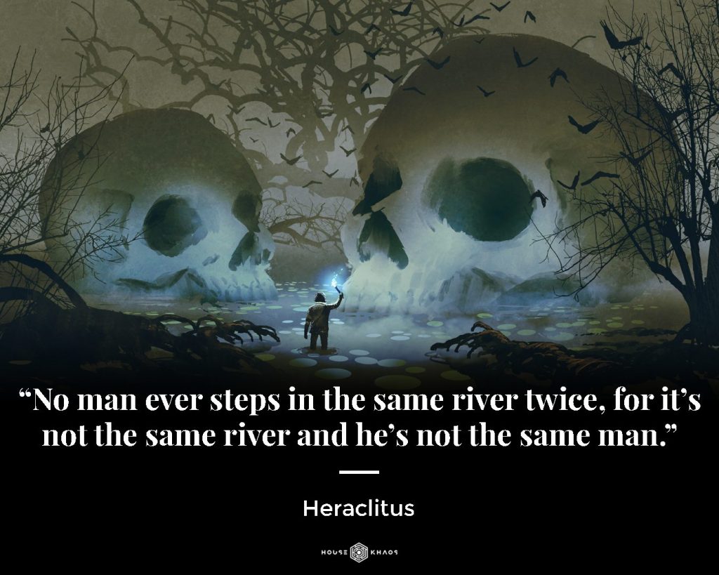 Heraclitus Quote. Man walks in a swamp with skulls.