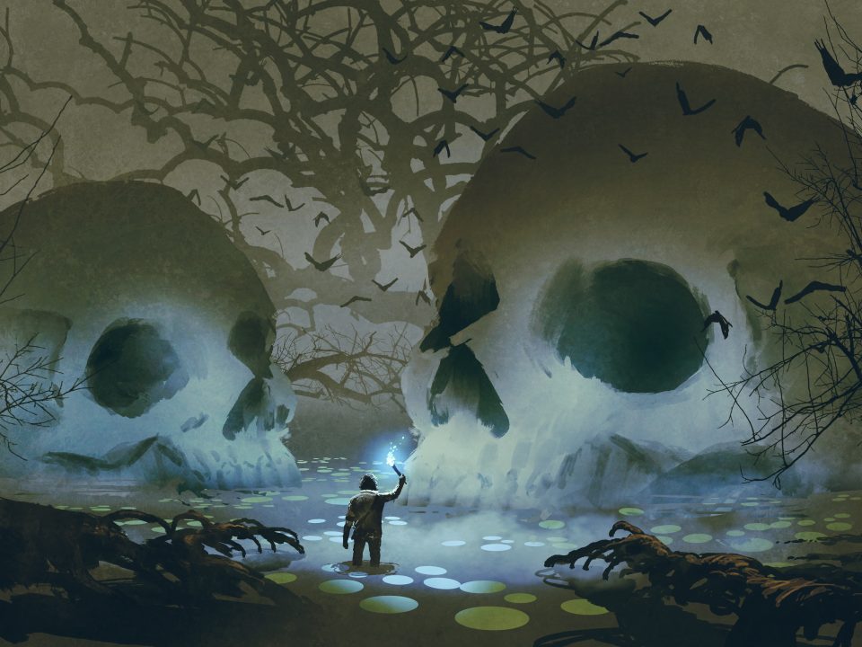 Man walks in a swamp with skulls.